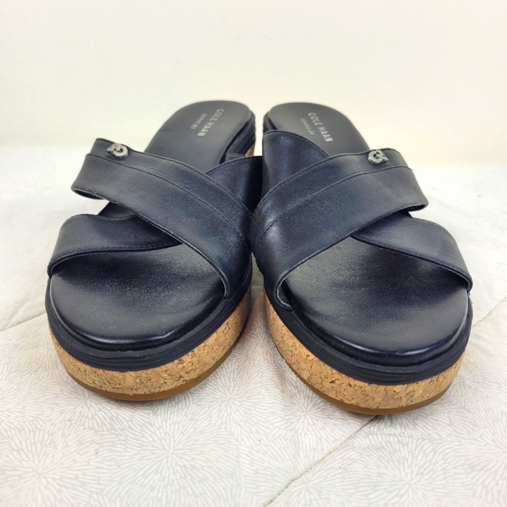 Cole Haan black leather cross design wedge sandals cork platform heel minimal 6 - Picture 3 of 12